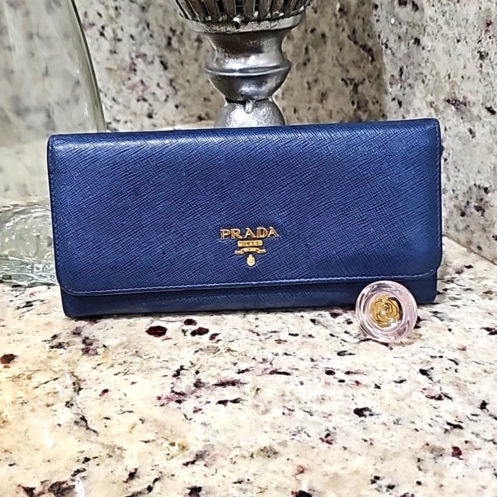 Prada blue long wallet 7.5x5.5x1inches